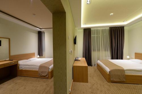 a hotel room with two beds and a television at Hotel Hedonic in Belgrade