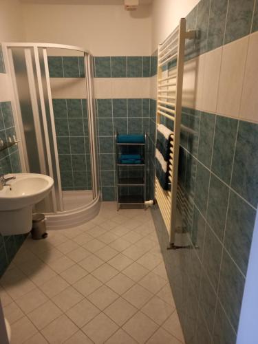 a bathroom with a shower and a sink at Hotel Nové Údolí in Stožec