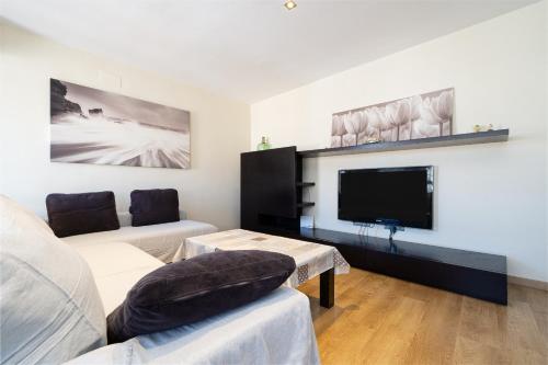 een woonkamer met een bank en een flatscreen-tv bij Hauzify I Apartament Sant Roc in L'Ametlla de Mar