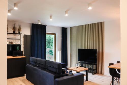 a living room with a couch and a tv at Lemon Park Apartments Parking Gratis in Poznań
