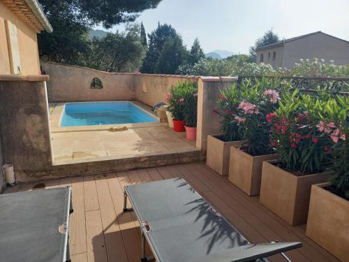 ein Hinterhof mit einem Swimmingpool und einigen Pflanzen in der Unterkunft Logement indépendant Au Bonheur cuisine piscine clim proche centre village #dentelles Montmirrail in Beaumes-de-Venise