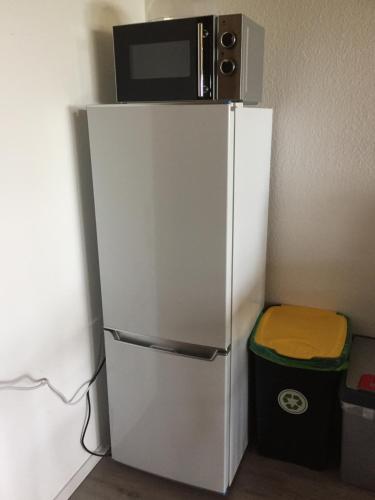 a white refrigerator with a microwave on top of it at On the hill in Sasbachwalden