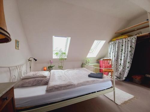 a bedroom with a bed and two windows at Agnes Vintage Home in Hannover