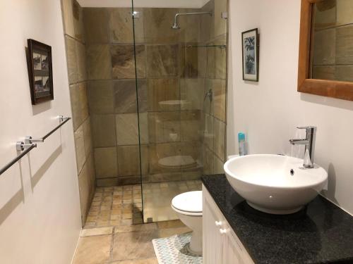 a bathroom with a sink and a glass shower at 4 Duke Street Flat#2 in Mossel Bay