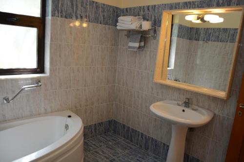 a bathroom with a sink and a toilet and a mirror at Niki Hotel Apartments in Ialyssos