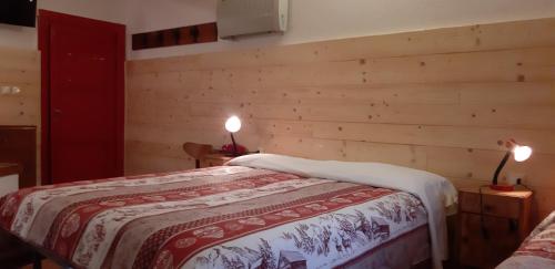 a bedroom with a bed and a wooden wall at Albergo Cioccarelli in Aprica