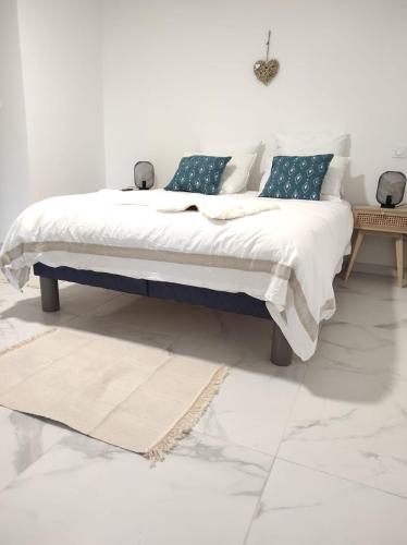 - une chambre blanche dotée d'un lit avec des oreillers bleus et blancs dans l'établissement L'escapade.T2 ☆ Jardin ☆ Spacieux ☆ Calme, à Castanet-Tolosan