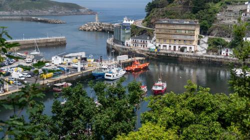 a group of boats are docked in a harbor at Apartamentos Mar y Sol in Luarca