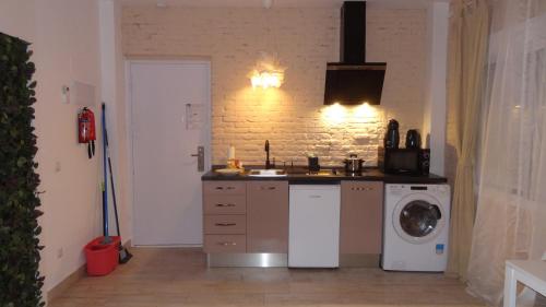 a kitchen with a sink and a washing machine at Cozy Rooms - BAÑERA HIDROMASAJE in Valencia