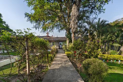 a walkway through a garden with trees and a house at Hotel Hacienda San Bartolo in Xico