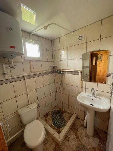 a bathroom with a toilet and a sink at Domki letniskowe Wiciowa 7 in Wicie
