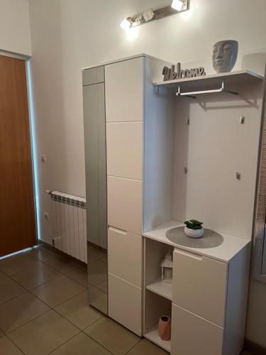 a kitchen with a glass refrigerator in a room at Luxury apartman Iris in Hvar