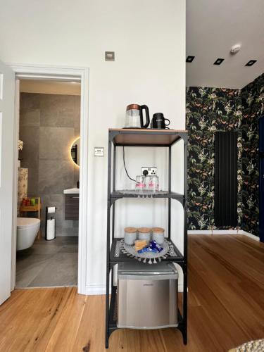 a bathroom with a shelf with food on it at Flamingo Lodge in Torquay