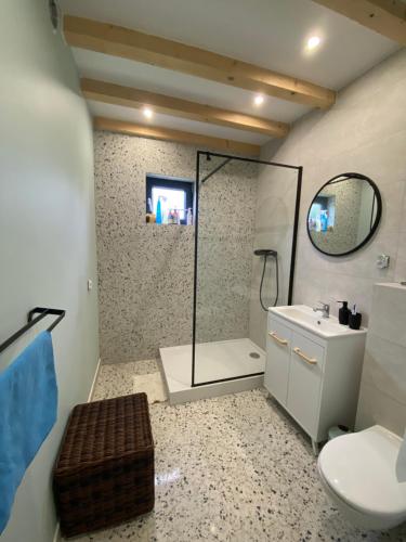 La salle de bains est pourvue d'une douche, de toilettes et d'un lavabo. dans l'établissement Baciki 61- domek przy lesie, à Baciki Dalsze