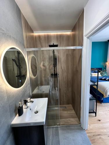 a bathroom with a sink and a shower at Flamingo Lodge in Torquay