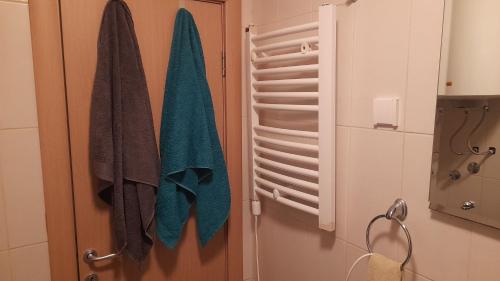 ein Bad mit blauen Handtüchern an der Tür in der Unterkunft Sunny Days apartman Kopaonik in Kopaonik