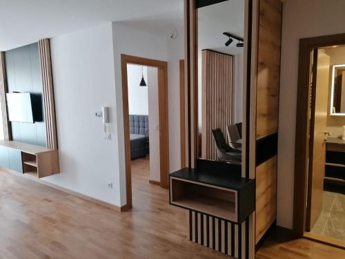 a room with a mirror and a dresser with a television at Geos Zlatibor in Zlatibor