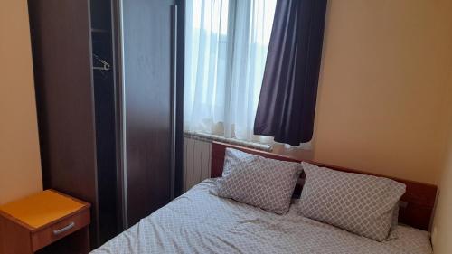 ein Schlafzimmer mit einem Bett mit zwei Kissen und einem Fenster in der Unterkunft Sunny Days apartman Kopaonik in Kopaonik