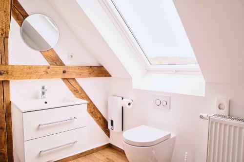 ein Badezimmer mit einem weißen WC und einem Dachfenster in der Unterkunft Mein Eifel Ferienhaus Altes Pfarrhaus in Dahlem