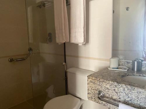 a bathroom with a toilet and a sink at Flat com balsa para Praia in Rio de Janeiro
