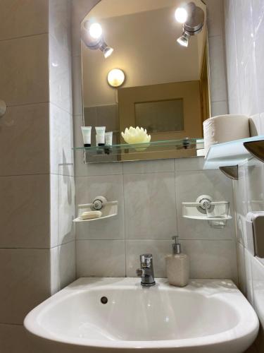 bagno con lavandino e specchio di Alexandra's Apartments a Kounoupidhianá
