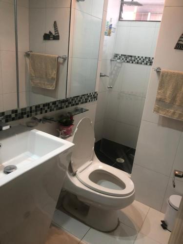 łazienka z toaletą, prysznicem i umywalką w obiekcie Habitación Deluxe w mieście Bogota