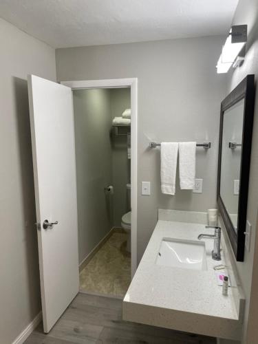 a bathroom with a sink and a toilet and a mirror at Sunglow Motel in Bicknell