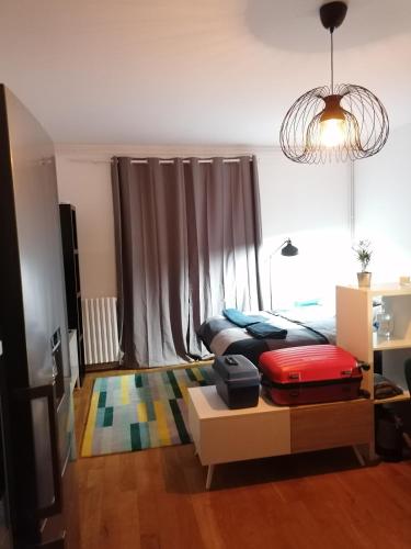 - une chambre avec un lit et une table avec des bagages dans l'établissement Studio cosy aux portes de Bordeaux et Saint Emilion, à Yvrac