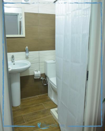 a bathroom with a sink and a toilet and a shower at Blue Balcony Hotel in Golem