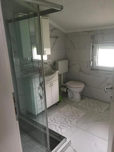 a bathroom with a glass shower and a toilet at sweet home in Nemila
