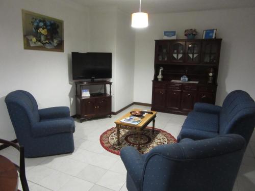 a living room with two blue chairs and a tv at Casa Eira do Povo in Vale de Colmeias