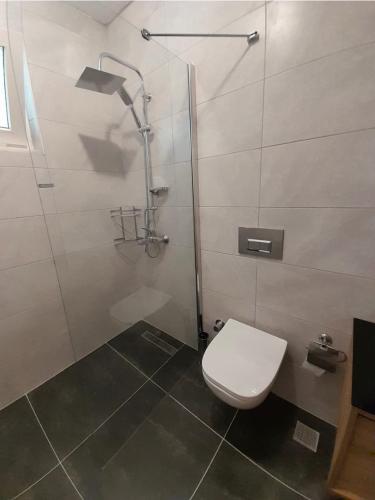 a bathroom with a toilet and a shower at Villa Sophia Marmaris in Marmaris