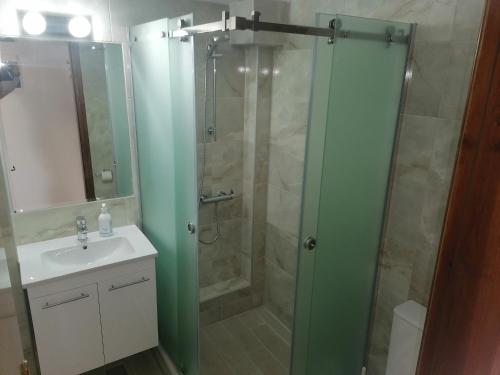 a bathroom with a glass shower and a sink at Porto Almira Beachfront Apartments in Nikiti