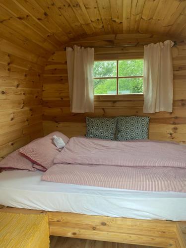 Bett in einem Blockhaus mit Fenster in der Unterkunft equi-art Reitanlage in Schwall