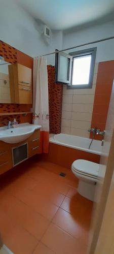 La salle de bains est pourvue de toilettes et d'un lavabo. dans l'établissement ioli, à Olympiakí Aktí