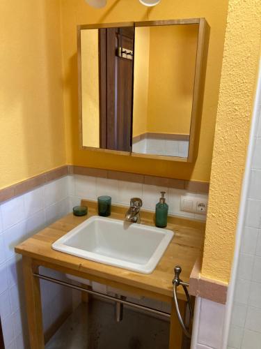a bathroom with a white sink and a mirror at Casa rural Entre el Viento y el Agua in Guadalcanal
