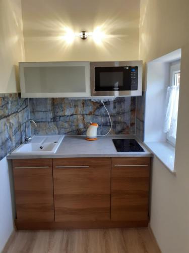 a small kitchen with a sink and a microwave at Pogodna 3B in Mielno