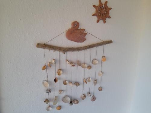 a shelf with shells and a duck ornament on a wall at Silver view in Batsi
