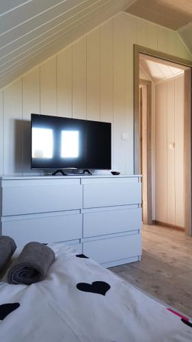 a living room with a tv on a white dresser at AGA Domek na Kaszubach in Sławki