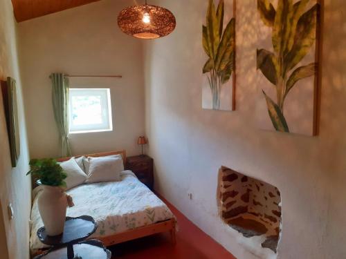 a bedroom with a bed with a potted plant on it at O Casulo in Marvão