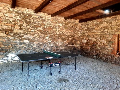 a ping pong table in a room with a stone wall at Statek Ctiboř in Ctiboř