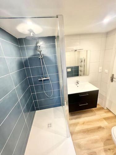 une salle de bain avec une douche avec des toilettes et un lavabo dans l'établissement Appartements meublés Brest Saint Marc, à Brest