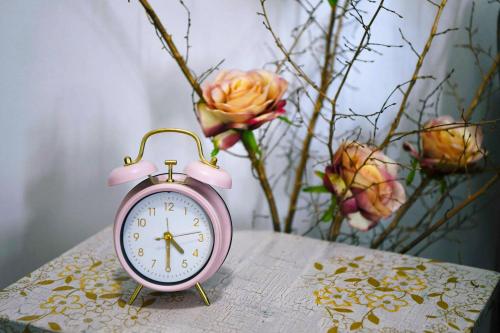 a pink alarm clock sitting on a table with flowers at Apartment Carissima-Direct on sea, Lovran-Opatija in Lovran