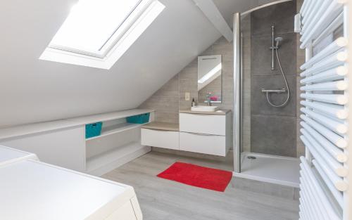 a bathroom with a shower and a red rug at Appartement de standing avec parking privé in Malmedy