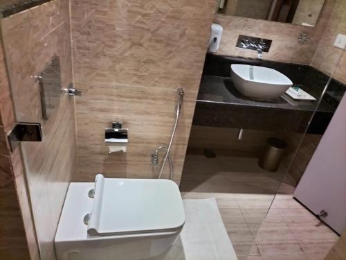 a bathroom with a toilet and a sink at Hotel Ambica Katra in Katra