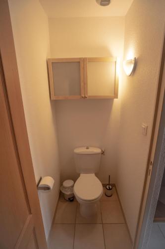 Elle comprend une petite salle de bains pourvue de toilettes et d'une armoire. dans l'établissement T3 au Plan d’eau d’Embrun avec Garage et Terrasse, à Embrun