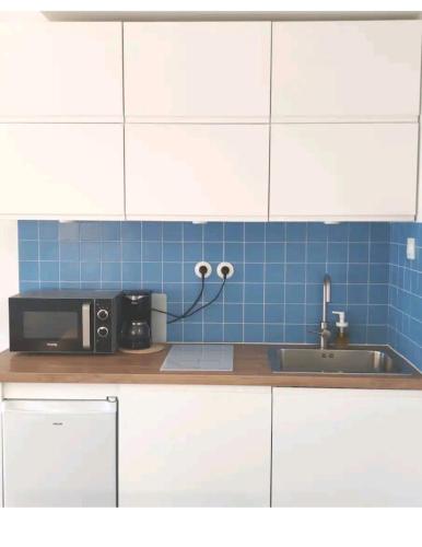 un comptoir de cuisine avec un évier et un micro-ondes dans l'établissement Petit appartement de charme vue mer, à Deauville
