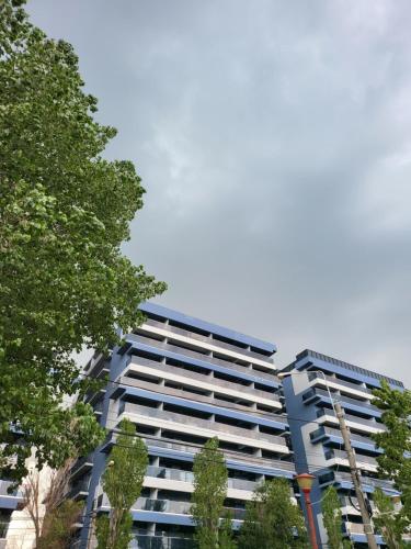 a tall building with trees in front of it at Penthouse Blue Boutique Magic View in Mamaia