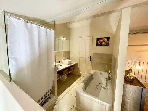 a bathroom with a shower and a tub and a sink at Gîte Douceur de Provence in Maubec