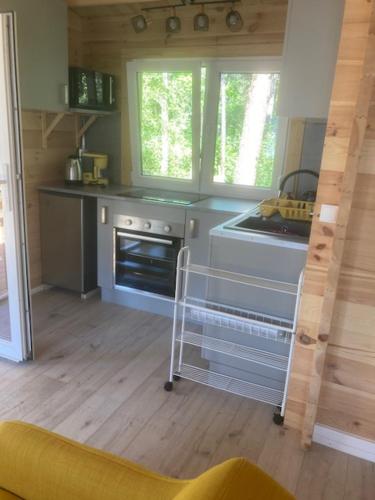 Una cocina con estufa y fregadero en una habitación. en Les Pins, en Excenevex